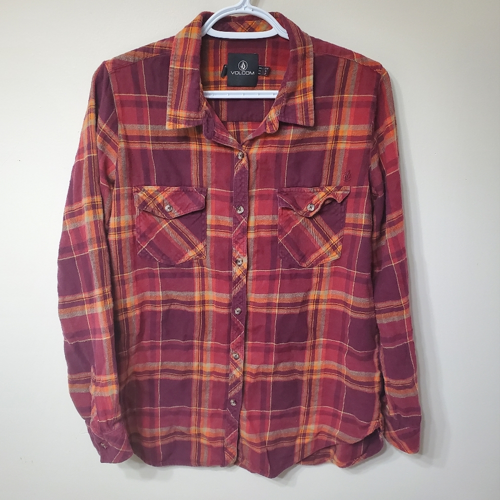 VOLCOM Womens Red/Orange Boyfriend style Plaid Flannel